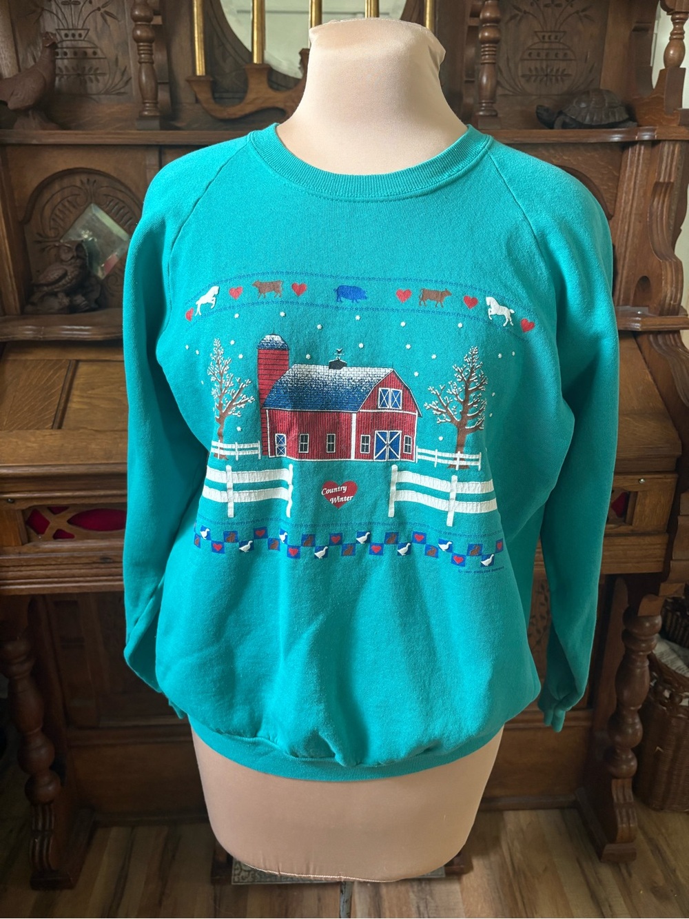 Teal Vintage Retro 80s Barn Graphic Sweatshirt with Country Scene